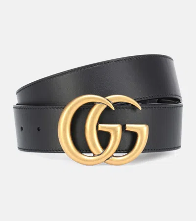 Gucci Gg Marmont Leather Belt With Shiny Buckle In Black