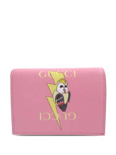 Pre-owned Gucci 2015-2026 Bnf Textured Dollar Calfskin Bananya Print Bifold Wallet. Small Wallets In Pink