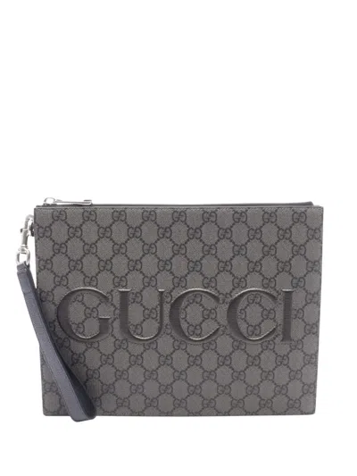 Pre-owned Gucci 2015-2026 Gg Supreme Clutch Bag In Grey