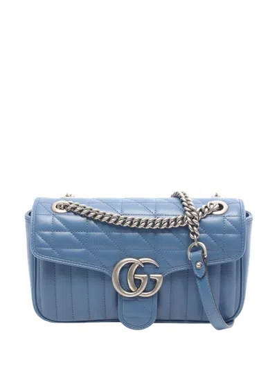 Pre-owned Gucci 2015-2026 Medium Gg Marmont Matelasse Calfskin Shoulder Bag In Blue