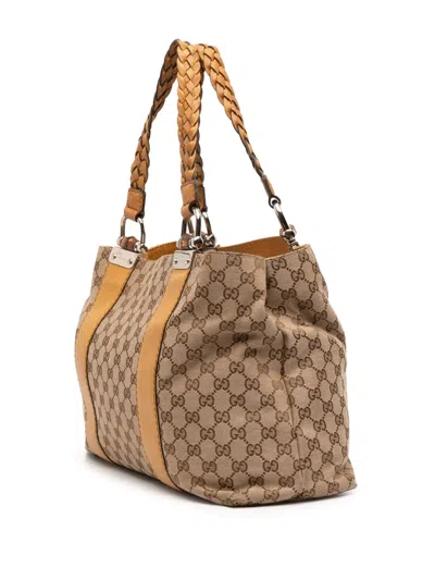 Pre-owned Gucci 2016-2020 Gg Canvas Bamboo Libeccio Tote Bag In Brown