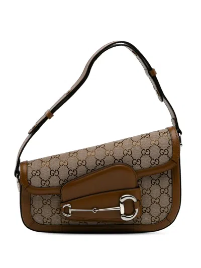 Pre-owned Gucci 2016-2024 Gg Canvas Asymmetric Horsebit 1955 Shoulder Bag In Brown