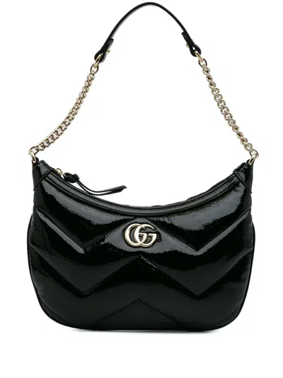 Pre-owned Gucci 2016-2024 Gg Marmont Matelasse Patent Shoulder Bag In Black