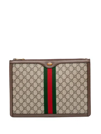 Pre-owned Gucci 2016-2024 Gg Supreme Ophidia Clutch Bag In Brown