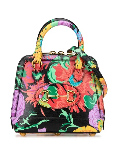 Pre-owned Gucci 2016-2024 Ken Scoot New Shangai Mini Calfskin Jenny Floral Print Horsebit 1955 Top Handle Bag Satche In Black