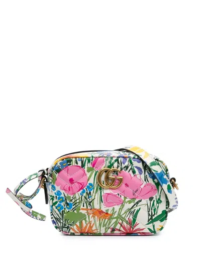 Pre-owned Gucci 2016-2024 Ken Scott Mini Gg Marmont Floral Printed Matelasse Leather Crossbody Bag In White