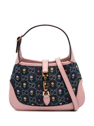 Pre-owned Gucci 2016-2024 Limited Edition Mini Gg Embroidered Denim Floral Jackie 1961 Crossbody Bag