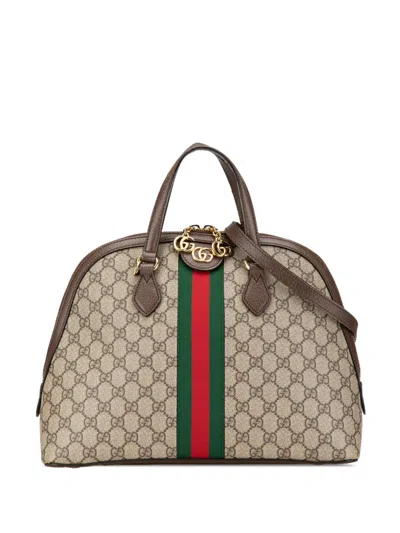 Pre-owned Gucci 2016-2024 Medium Gg Supreme Ophidia Web Satchel In Brown