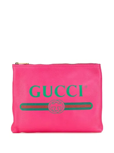 Pre-owned Gucci 2016-2024 Medium Leather Logo Portfolio Clutch Bag In 粉色