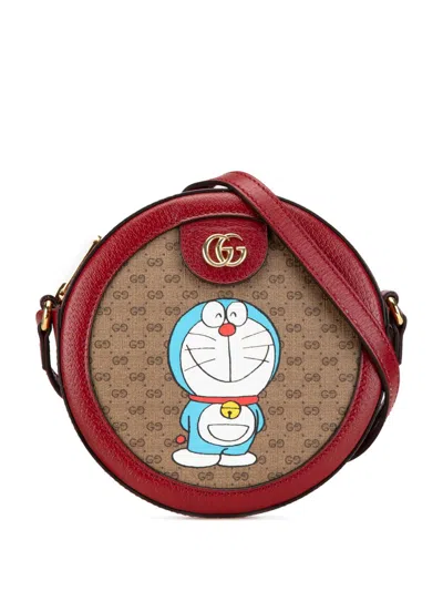 Pre-owned Gucci 2016-2024 Micro Gg Supreme Doraemon Round Crossbody Bag In Brown