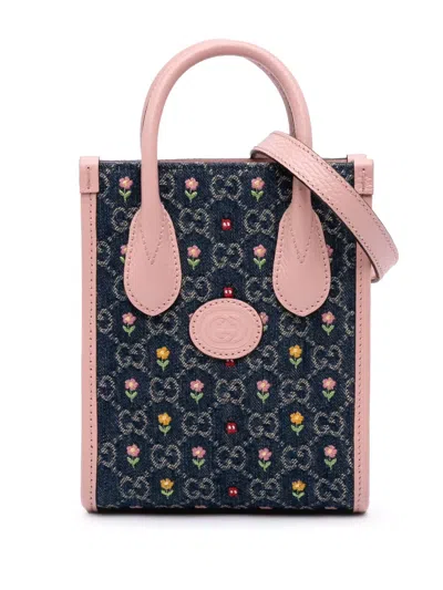 Pre-owned Gucci 2016-2024 Mini Gg Denim Interlocking G Flowers Tote Satchel