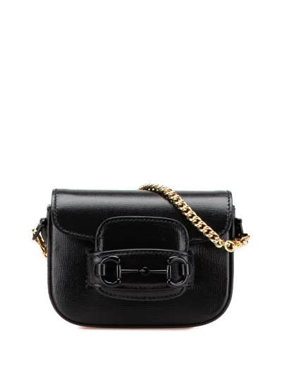 Pre-owned Gucci 2016-2024 Mini Web Leather 1955 Horsebit Satchel In Black