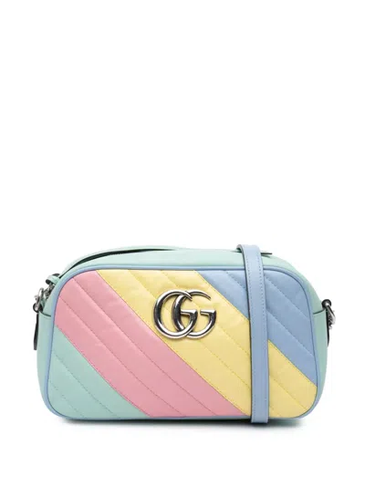 Pre-owned Gucci 2016-2024 Small Gg Marmont Diagonal Matelasse Leather Crossbody Bag In Blue