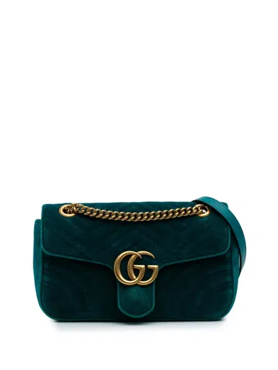 Pre-owned Gucci 2016-2024 Small Gg Marmont Matelasse Velvet Flap Crossbody Bag In Blue