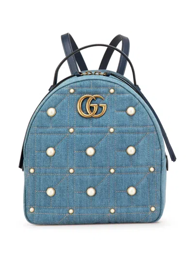 Pre-owned Gucci 2016-2024 Small Gg Marmont Pearl Denim Backpack In Blue