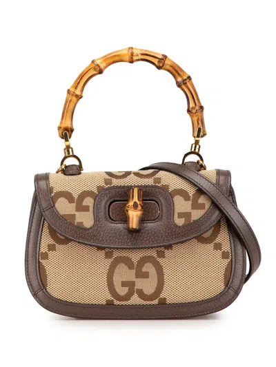 Pre-owned Gucci 2016-2024 Small Jumbo Gg Canvas Bamboo 1947 Top Handle Bag Handbag In Brown