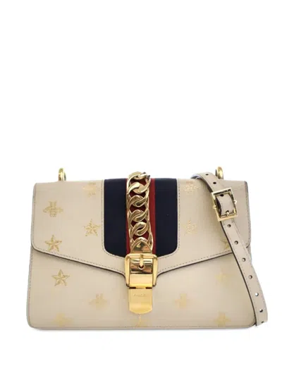 Pre-owned Gucci 2016-2024 Small Leather Bee Star Sylvie Satchel In White