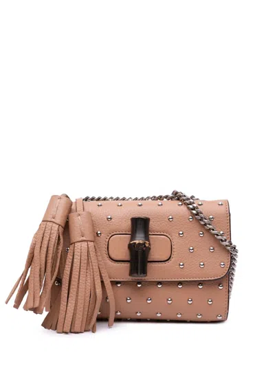Pre-owned Gucci 2016-2024 Small Leather Studded Miss Bamboo Crossbody Bag In Brown