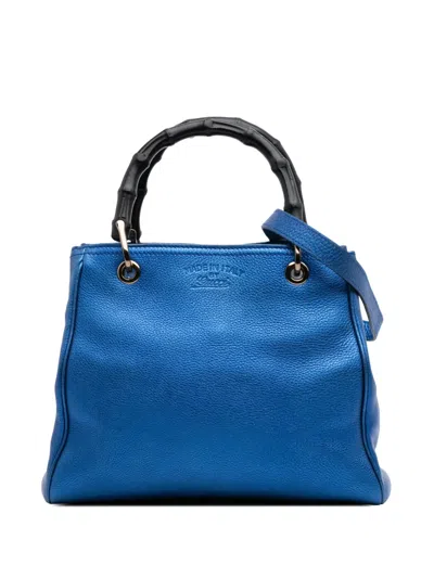 Pre-owned Gucci 2016-2024 Small Metallic Calfskin Bamboo Shopper Satchel In Blue