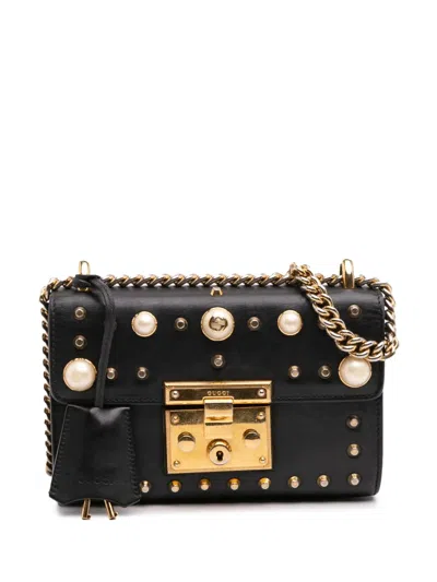 Pre-owned Gucci 2016-2024 Small Pearl Studded Padlock Crossbody Bag In Black