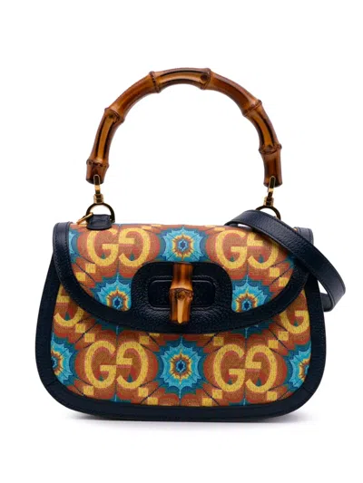 Pre-owned Gucci 2016-2025 100th Anniversary Medium Gg Coated Canvas Kaleidoscope 1947 Bamboo Top Handle Bag Satchel In Blue