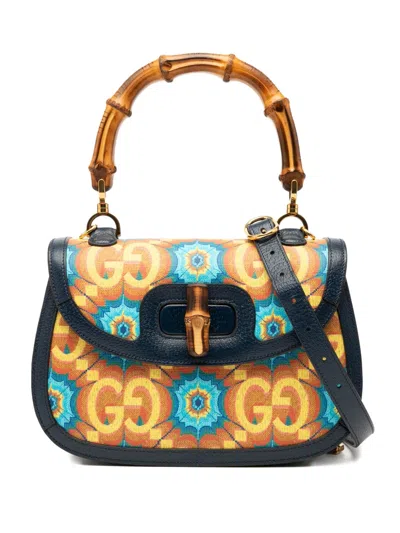 Pre-owned Gucci 2016-2025 100th Anniversary Medium Gg Coated Canvas Kaleidoscope 1947 Bamboo Top Handle Bag Satchel In Blue