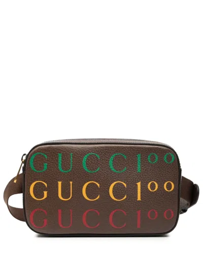 Pre-owned Gucci 2016-2025 100th Anniversary Textured Dollar Calfskin Logo Belt Bag In Brown