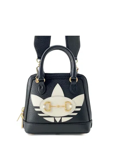 Pre-owned Gucci 2016-2025 Adidas Mini Leather Horsebit 1955 Top Handle Bag Satchel In Black