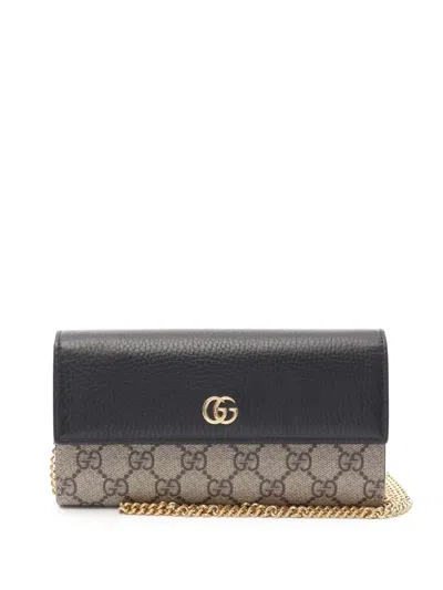Pre-owned Gucci 2016-2025 Bicolor Gg Marmont And Gg Supreme Wallet On Chain Crossbody Bag In Black