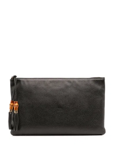 Pre-owned Gucci 2016-2025 Calfskin Bamboo Tassel Clutch Bag In Black