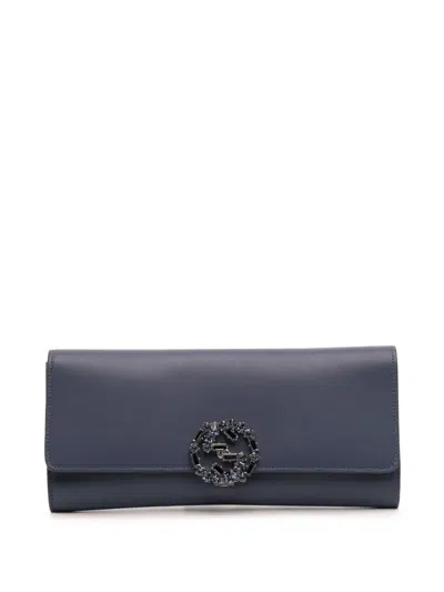 Pre-owned Gucci 2016-2025 Calfskin Crystal Broadway Clutch Bag In Blue