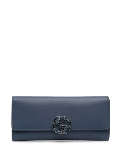 Pre-owned Gucci 2016-2025 Calfskin Crystals Broadway Clutch Bag In Blue