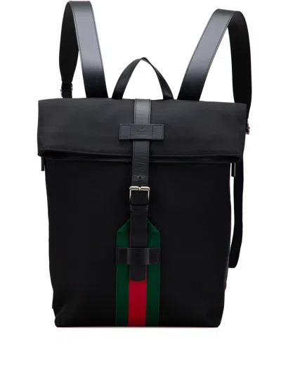 Pre-owned Gucci 2016-2025 Canvas Techno Web Fold Over Backpack In Black