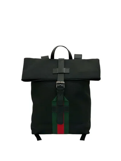 Pre-owned Gucci 2016-2025 Canvas Techno Web Fold Over Backpack In Black