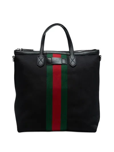 Pre-owned Gucci 2016-2025 Canvas Techno Web Vertical Zip Tote Satchel In Black