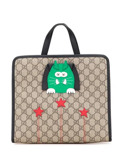 Pre-owned Gucci 2016-2025 Childrens Gg Supreme Cat Tote Bag In Brown