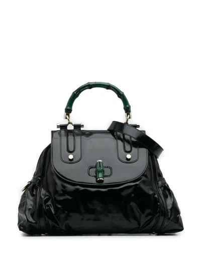 Pre-owned Gucci 2016-2025 Dialux Pop Coated Canvas Bamboo Top Handle Bag Satchel In Green