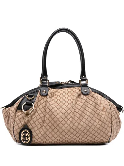 Pre-owned Gucci 2016-2025 Diamante Canvas Sukey Satchel In Brown