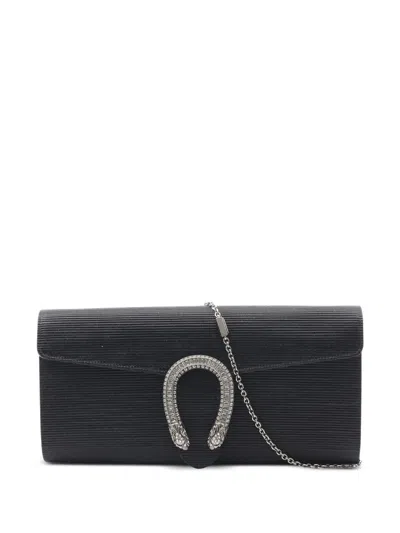 Pre-owned Gucci 2016-2025 Dionysus Crystal Ribbed Satin Clutch Bag In Black