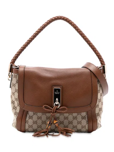 Pre-owned Gucci 2016-2025 Gg Canvas Bella Flap Satchel In Brown