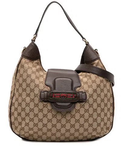Pre-owned Gucci 2016-2025 Gg Canvas Dressage Hobo Satchel In Brown