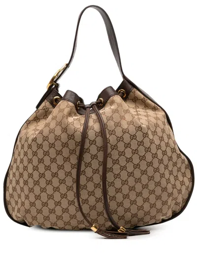 Pre-owned Gucci 2016-2025 Gg Canvas Interlocking Icon Drawstring Hobo Shoulder Bag In Brown