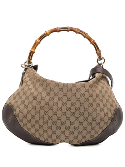 Pre-owned Gucci 2016-2025 Gg Canvas Peggy Bamboo Hobo Satchel In Brown