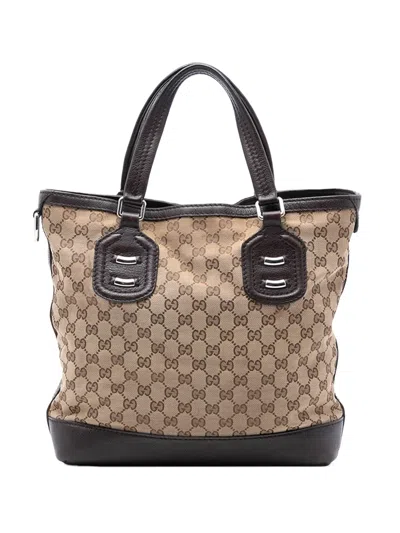 Pre-owned Gucci 2016-2025 Gg Canvas Techno Tag Tote Bag In Brown