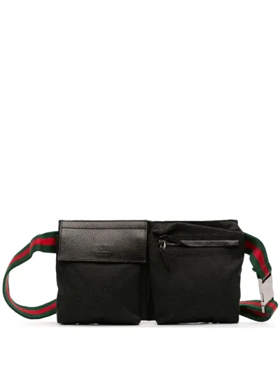 Pre-owned Gucci 2016-2025 Gg Canvas Web Double Pocket Belt Bag In Black