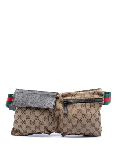 Pre-owned Gucci 2016-2025 Gg Canvas Web Double Pocket Belt Bag In Brown