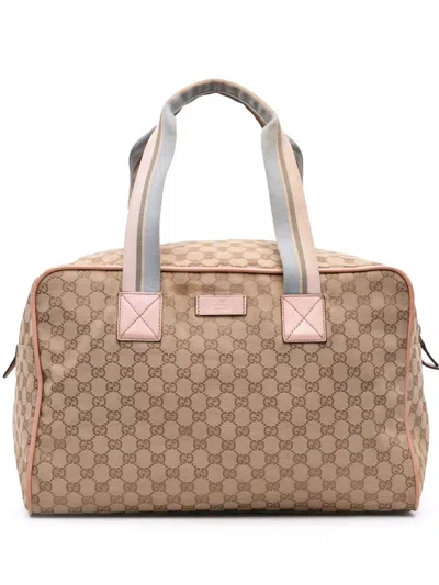 Pre-owned Gucci 2016-2025 Gg Canvas Web Duffle Bag Travel Bag In Brown