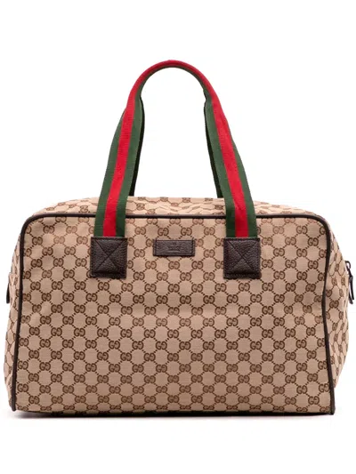 Pre-owned Gucci 2016-2025 Gg Canvas Web Duffle Bag Travel Bag In Brown