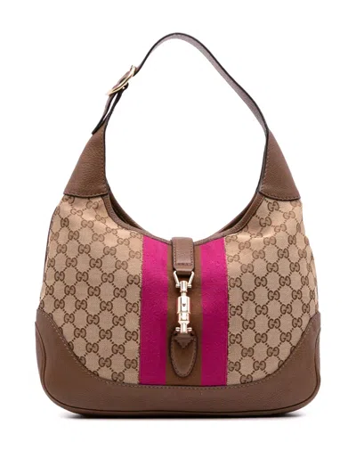 Pre-owned Gucci 2016-2025 Gg Canvas Web Jackie O Bouvier Crossbody Bag In Pink