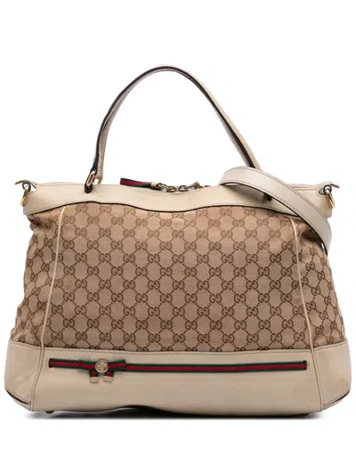 Pre-owned Gucci 2016-2025 Gg Canvas Web Mayfair Satchel In Brown